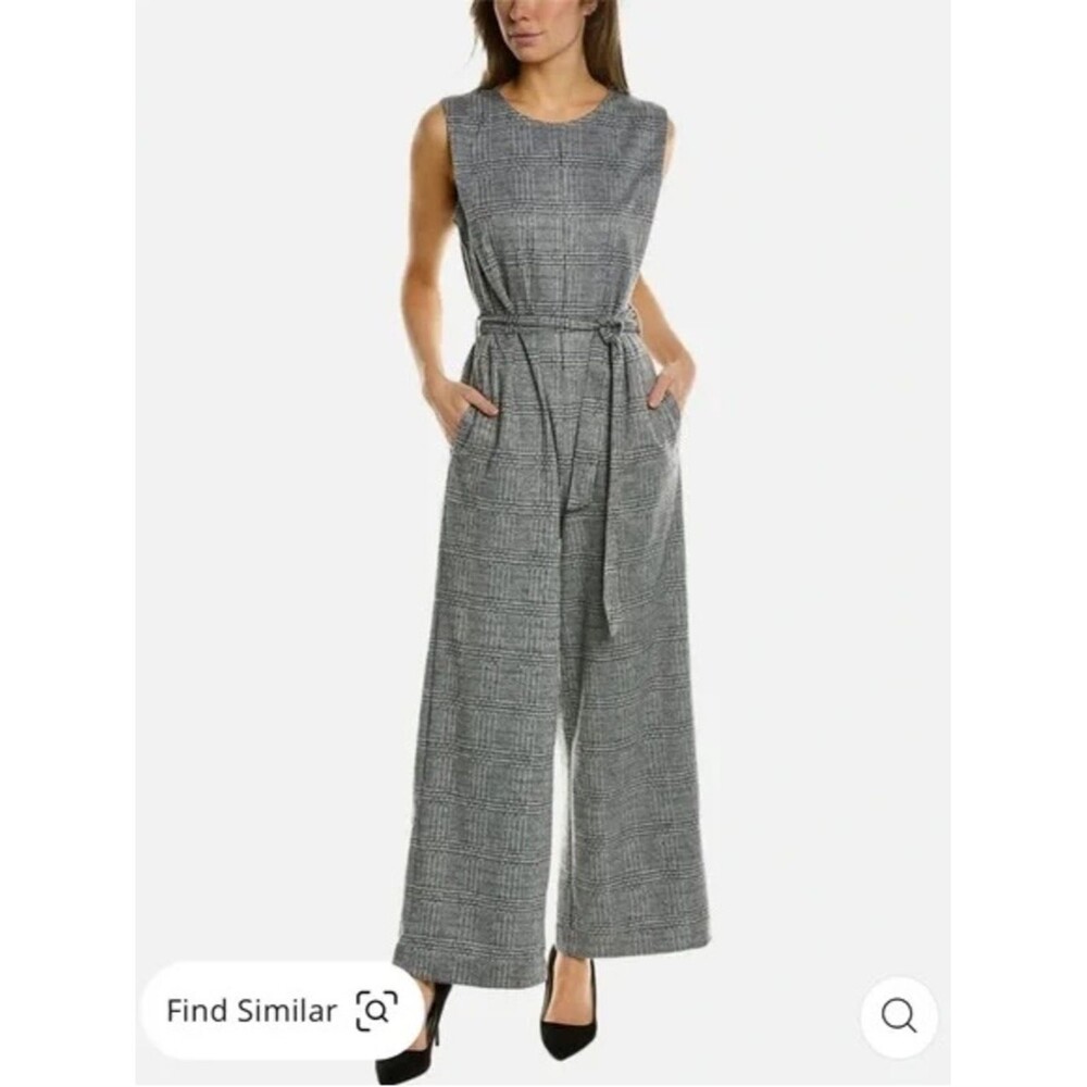 Max Studio Black Gray Plaid Wide Leg Sleeveless Jumpsuit Women’s Medium Tie Belt